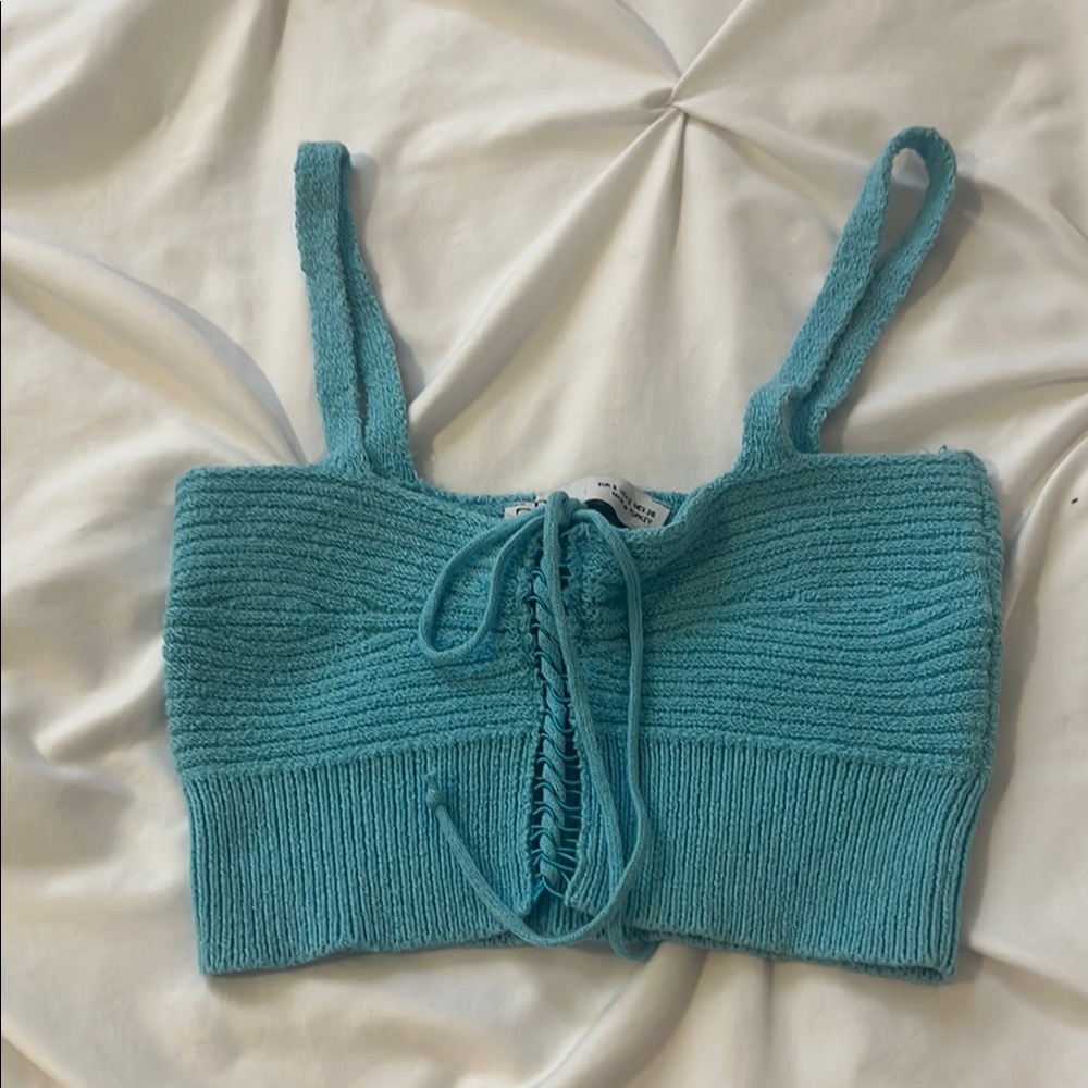 Zara Light Blue Knit Top with Tie Detail